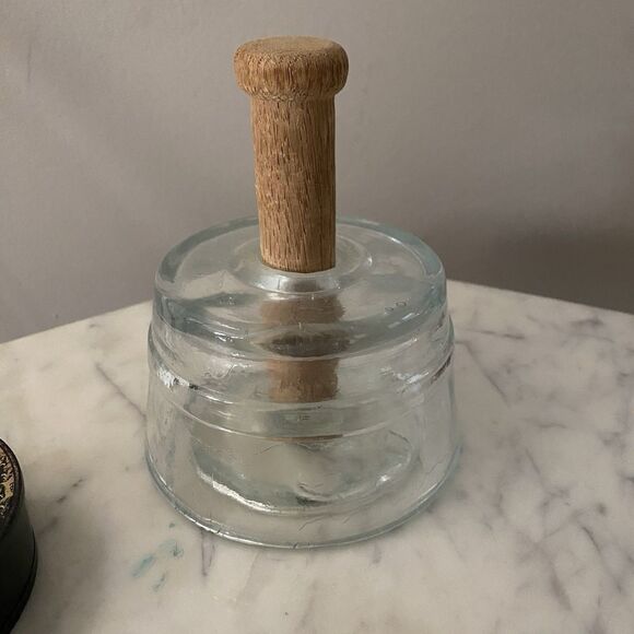 Vintage Glass Butter Press Butter Mold with Wood Handle and Cow Stamp - Picture 5 of 5